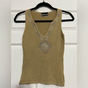 Vintage Y2K Costa Blanca Tan & Blue Embroidered Knit V-Neck Tank – S/M